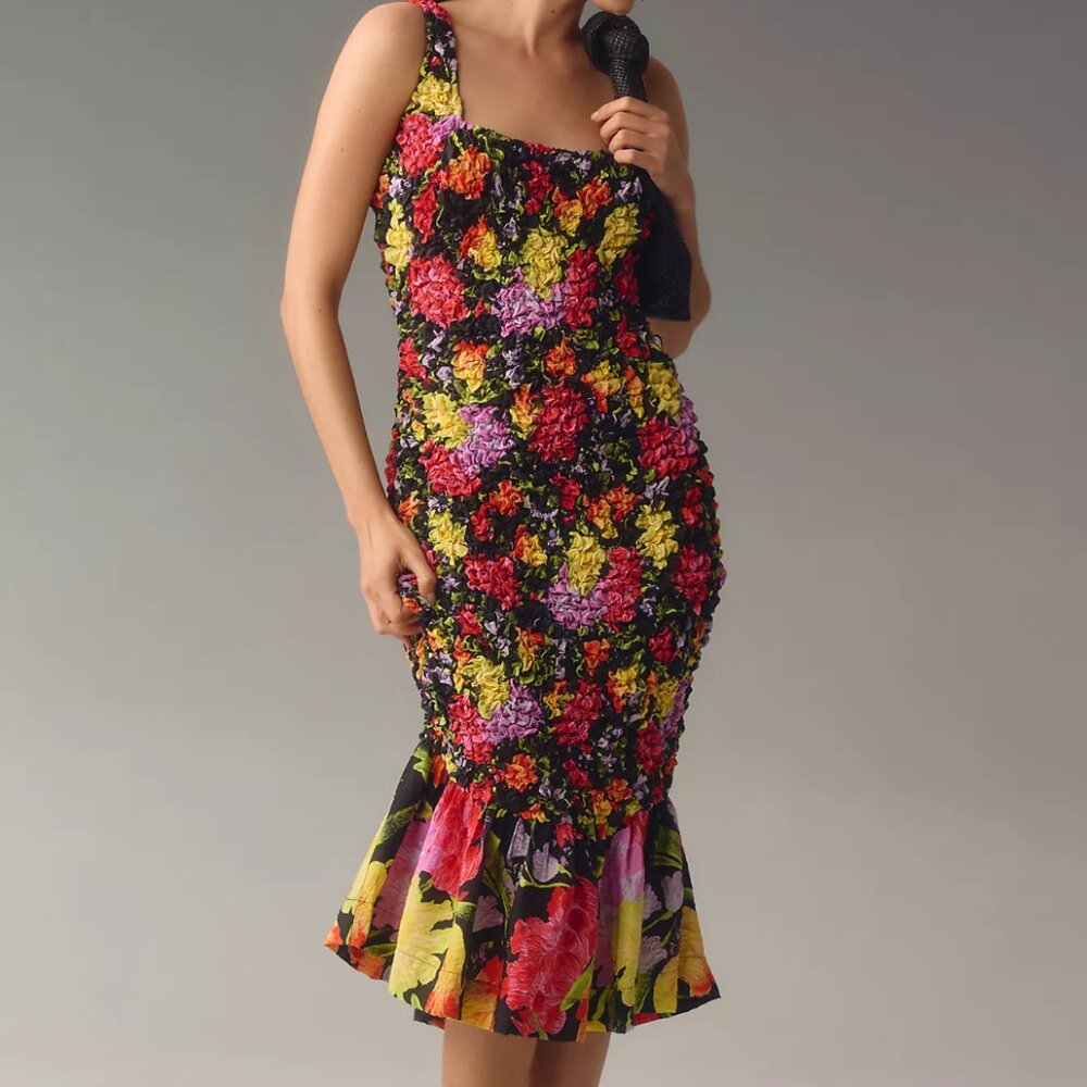 Anthropologie Square-Neck Pebble Smocked Dress Size S/M Floral